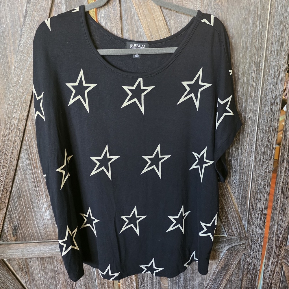 Buffalo David Bitton Shirt Women's Size XXL Black & Cream Stars Capped Sleeve